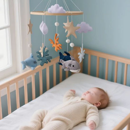 Mobile bébé marin en feutrine avec nuages et étoiles aux tons pastel