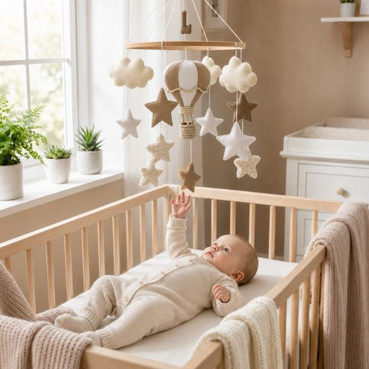 Bébé dans son lit à barreaux regardant le mobile bébé montgolfière