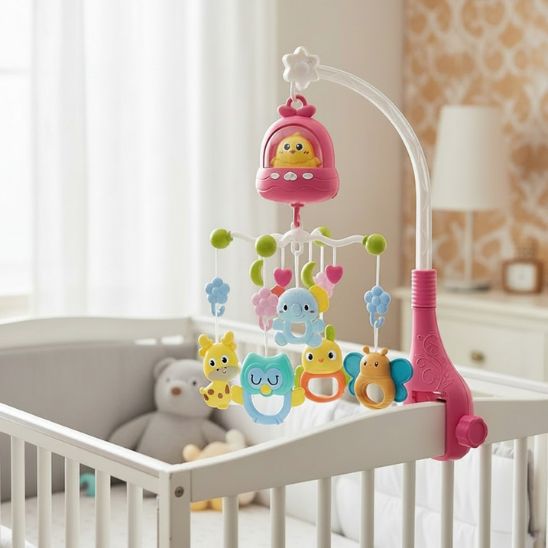 Mobile bébé musical avec télécommande rose berceau blanc chambre élégante