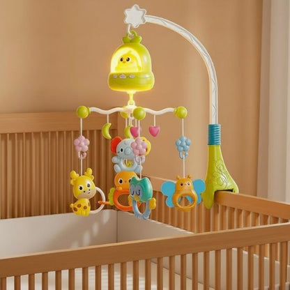 Mobile bébé musical avec télécommande vert berceau bois ambiance chambre naturelle