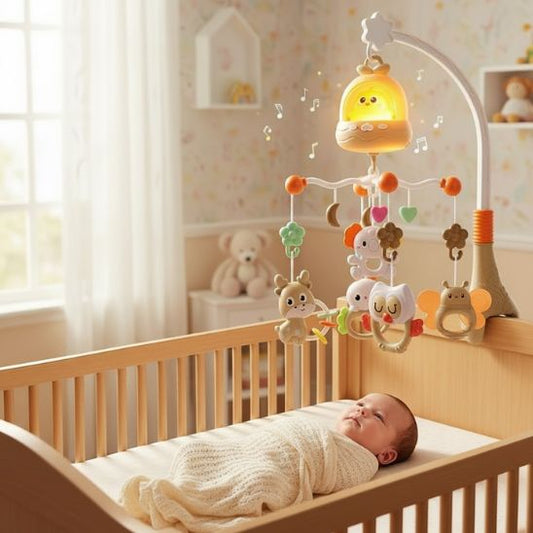 Mobile bébé musical télécommande beige bébé endormi notes de musique chambre douce