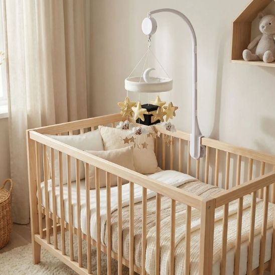 Détail du mobile bébé musical kaaba islamique avec étoiles beige, marron et dorées