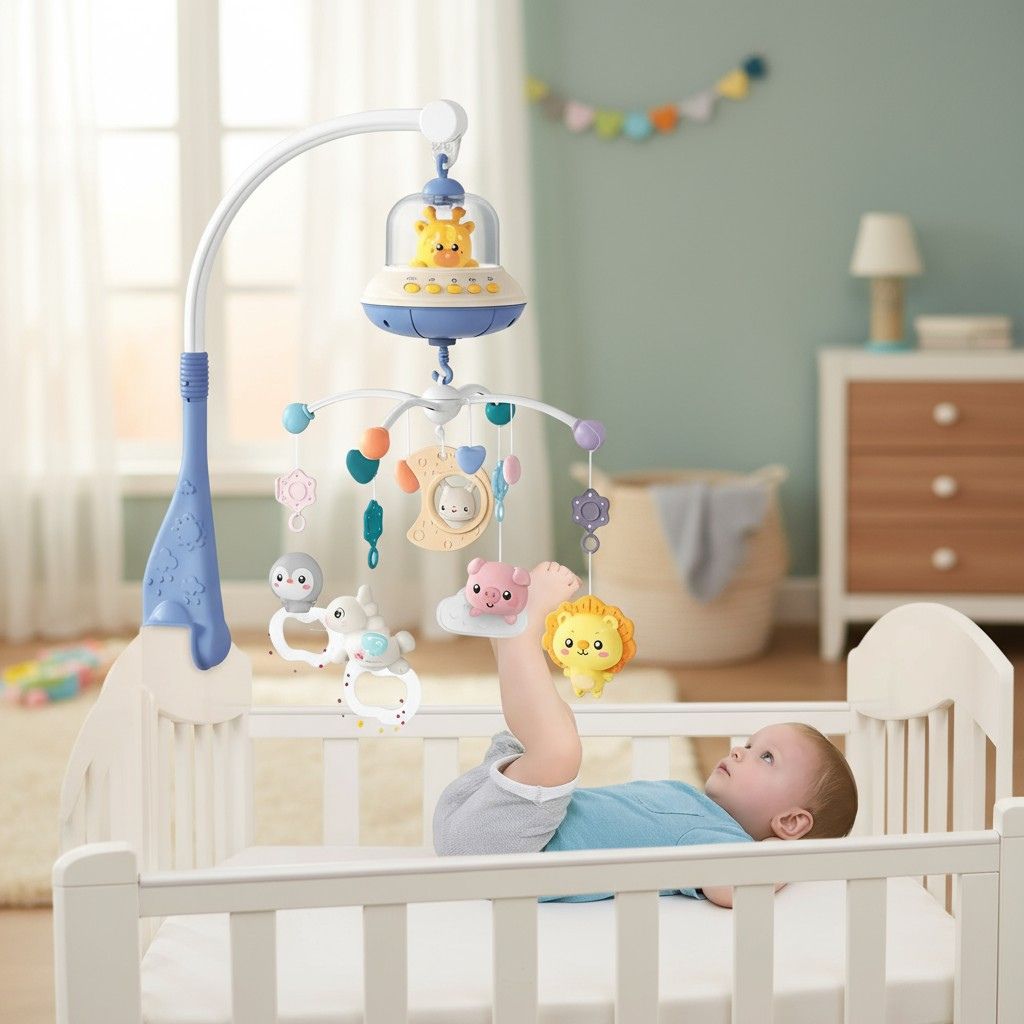 Mobile bébé musical avec projection d’étoiles au plafond, veilleuse douce et télécommande pour réglages à distance.