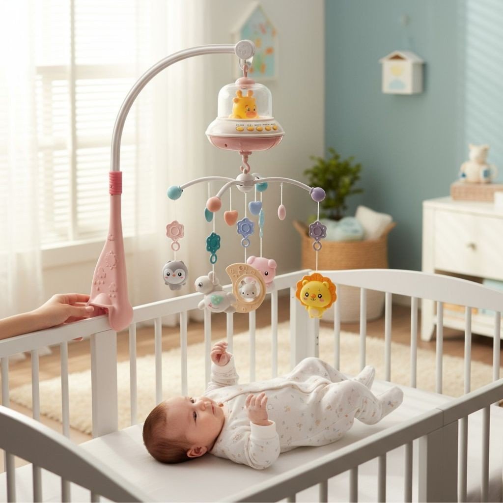 Mobile musical, fixation universelle sur berceau à barreaux, installation facile
