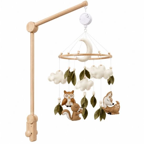 Mobile bébé nature en feutrine avec bras en bois et boîte musicale blanche