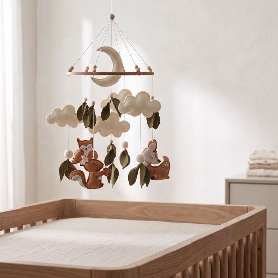 Gros plan mobile bébé nature lune et nuages en feutrine avec animaux de la forêt, décoration chambre bébé
