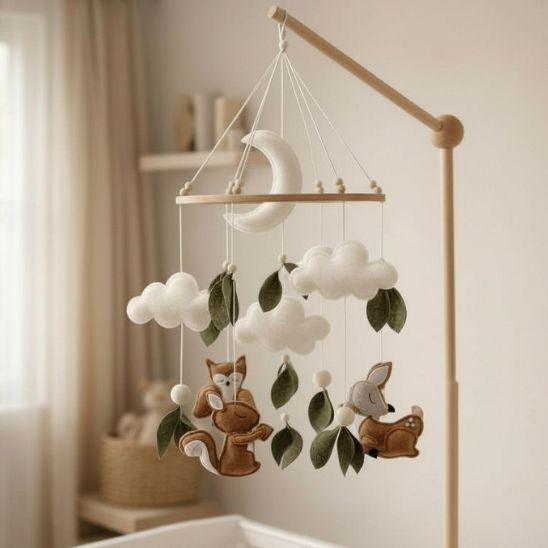 Mobile bébé nature en feutrine avec anneau en bois naturel