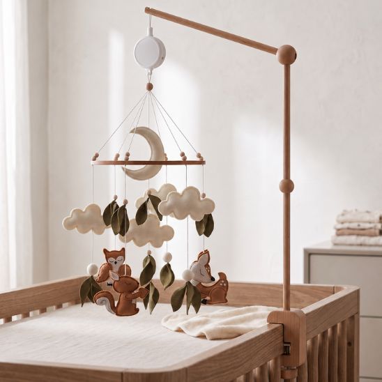 Mobile bébé musical thème forêt avec renard, écureuil et faon en feutrine, fixé sur lit à barreaux en bois