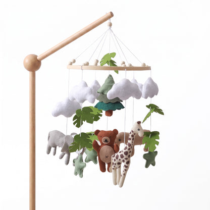 Mobile bébé animaux doux avec bras en bois et boîte musicale