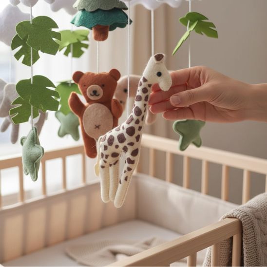 Mobile bébé animaux doux — girafe et ourson en feutre suspendus au-dessus d'un berceau en bois naturel