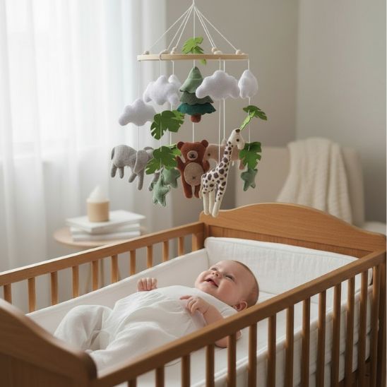 Mobile bébé animaux doux — bébé souriant dans berceau bois chambre naturelle apaisante