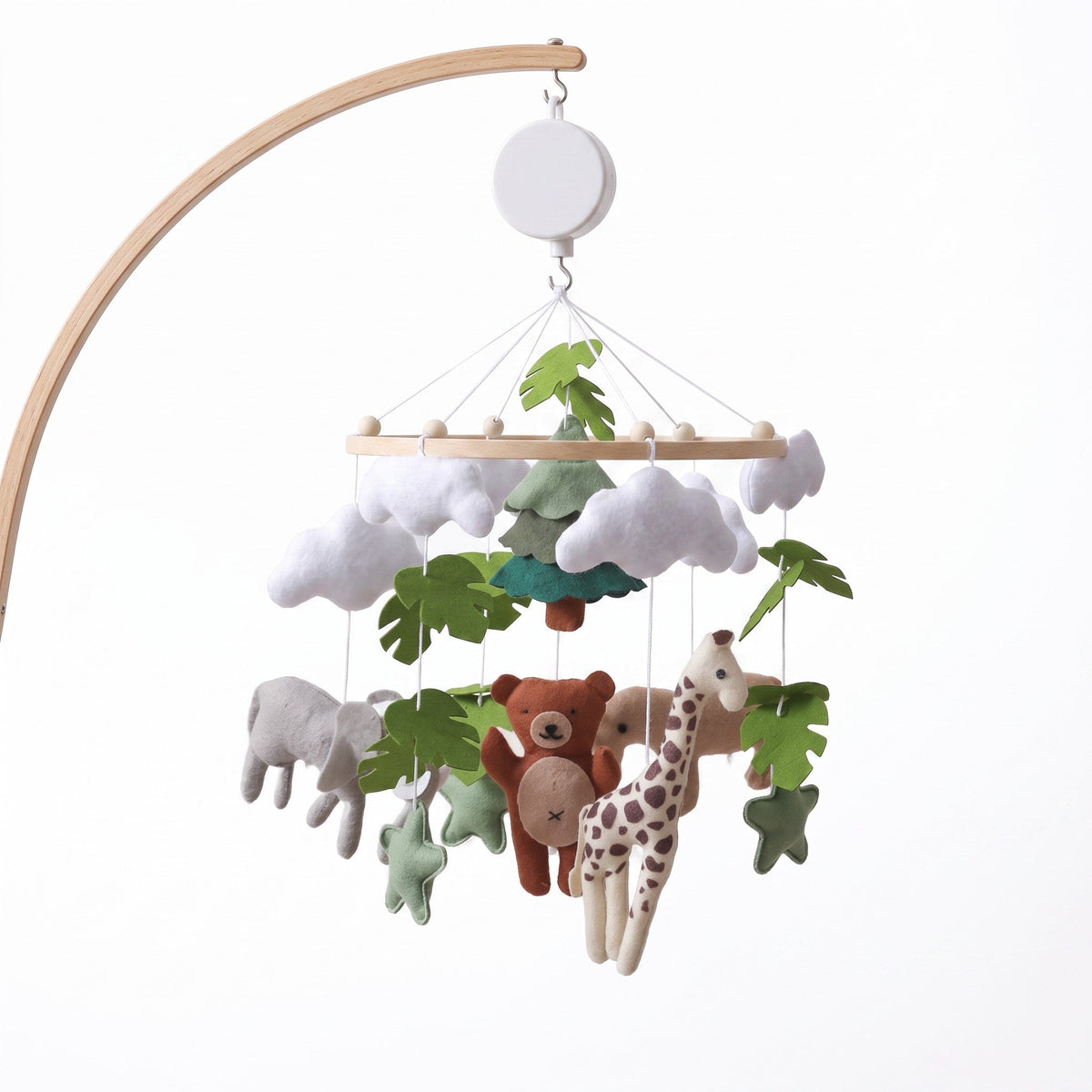Mobile bébé animaux doux avec bras en bois et boîte musicale