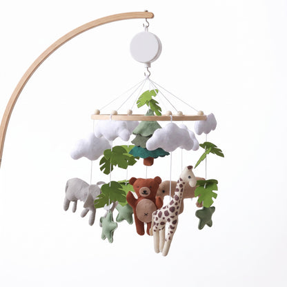 Mobile bébé animaux doux avec bras en bois et boîte musicale