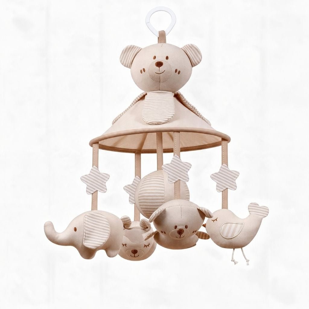 mobile bébé ours Barnabé en coton naturel beige avec étoiles rayées, éléphant et oiseau