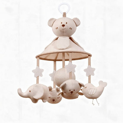 mobile bébé ours Barnabé en coton naturel beige avec étoiles rayées, éléphant et oiseau