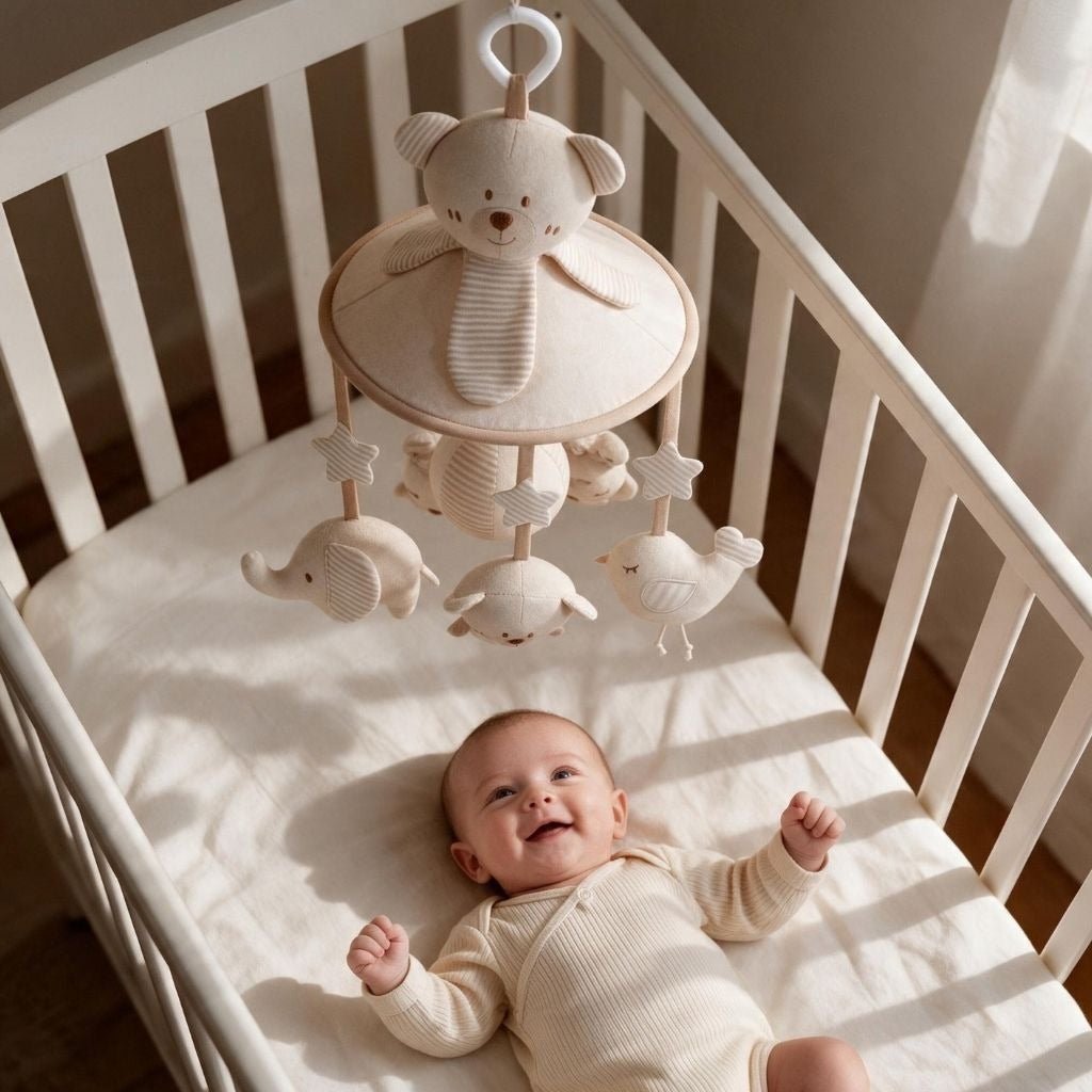 bébé souriant allongé dans son lit sous le mobile bébé ours en coton naturel
