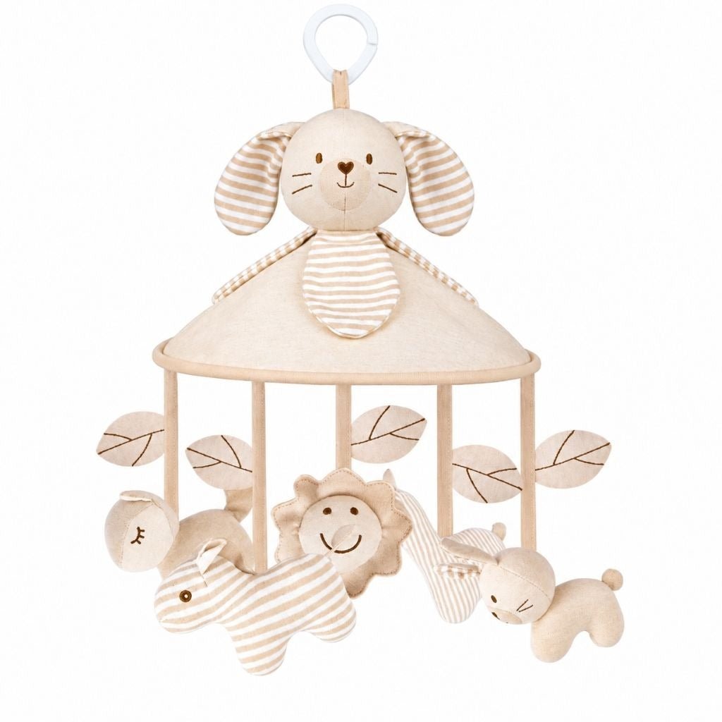 mobile bébé lapin Cacao en coton naturel avec feuilles, zèbre, girafe et petit lion sur fond blanc