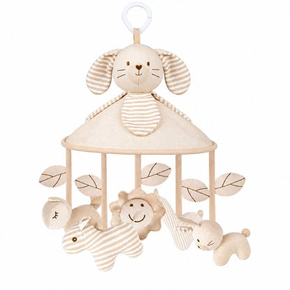 mobile bébé lapin Cacao en coton naturel avec feuilles, zèbre, girafe et petit lion sur fond blanc