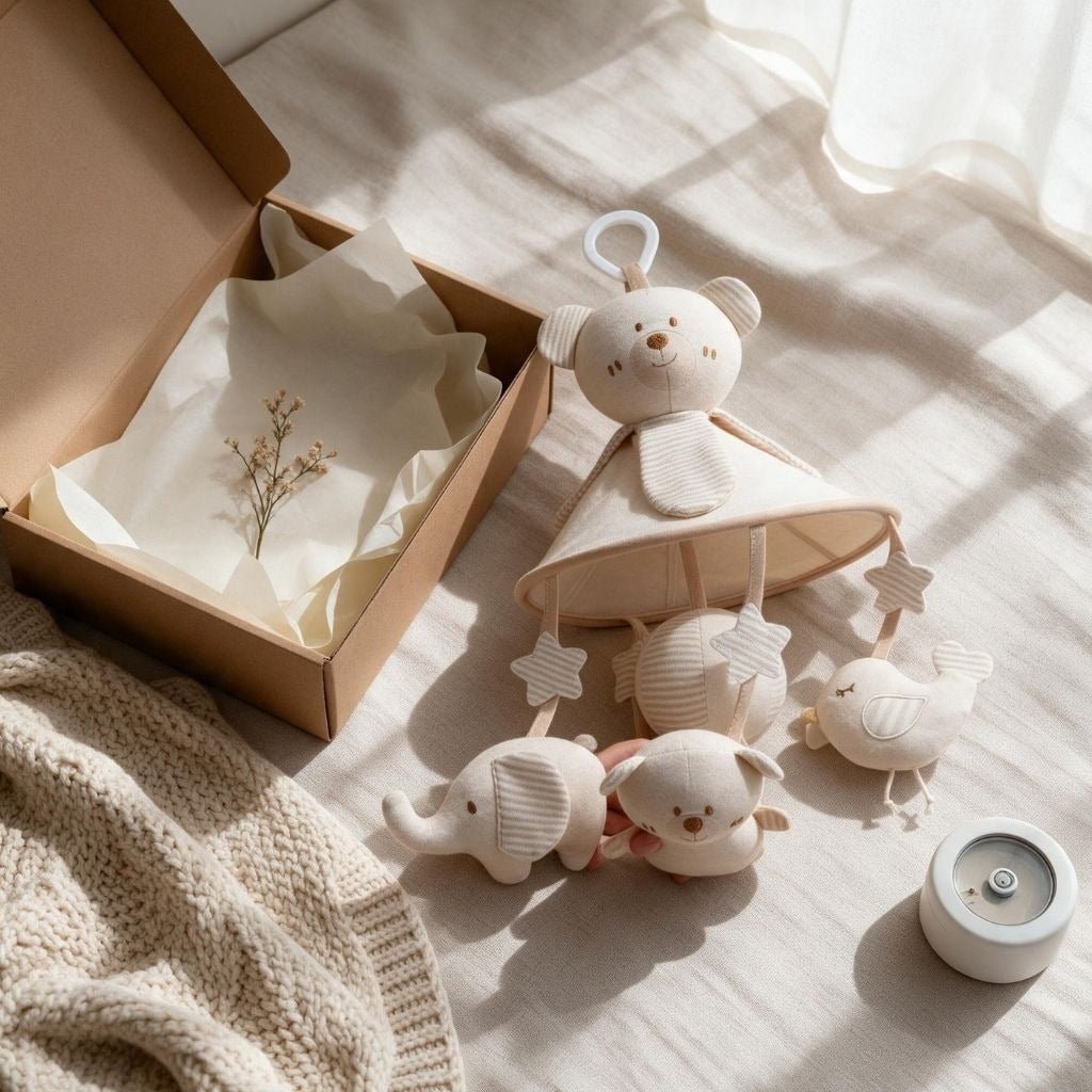 mobile bébé ours en coton naturel en idée cadeau de naissance avec boîte kraft