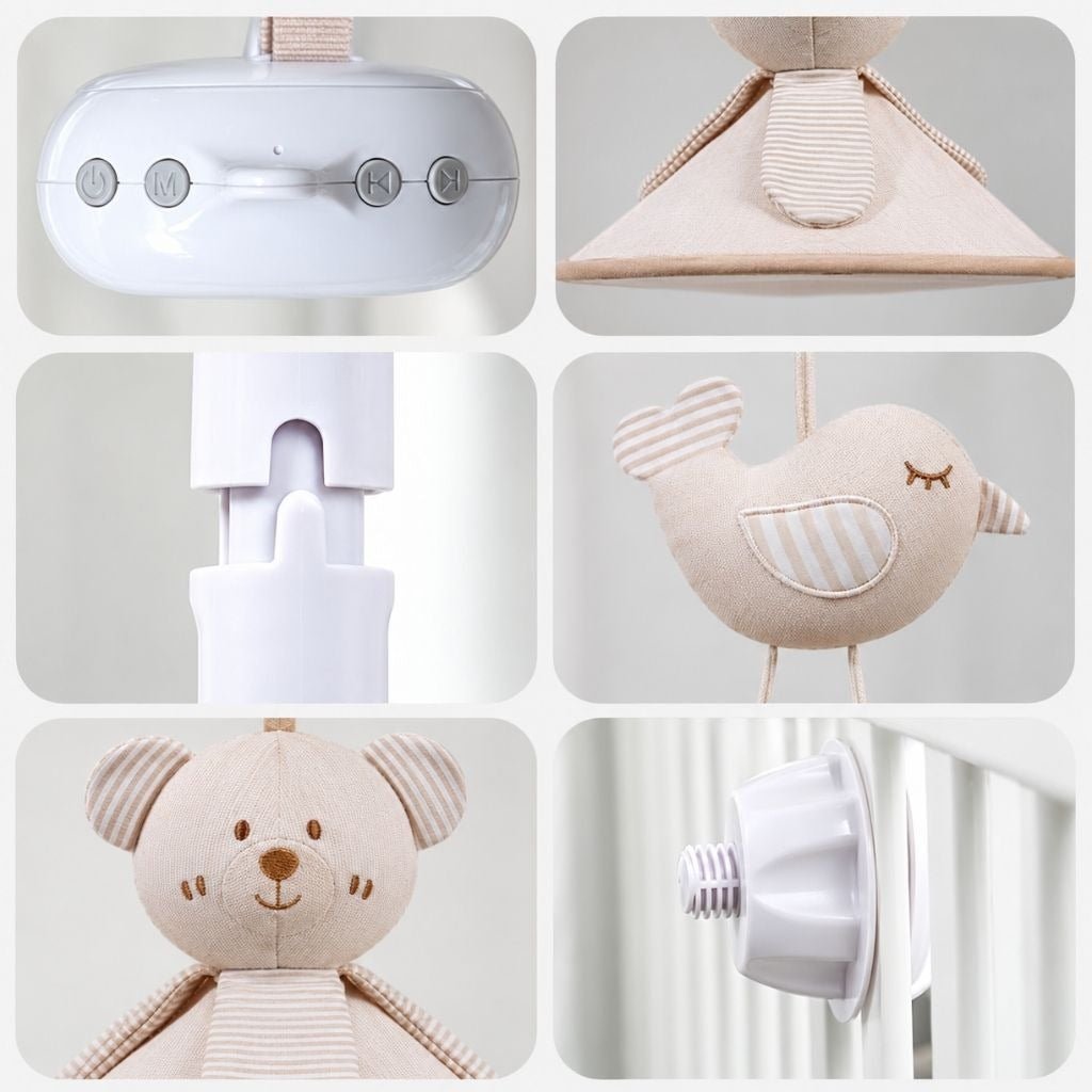détails du mobile bébé ours en coton naturel : boîte à musique, ombrelle, oiseau, ourson et vis de fixation