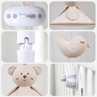 détails du mobile bébé ours en coton naturel : boîte à musique, ombrelle, oiseau, ourson et vis de fixation
