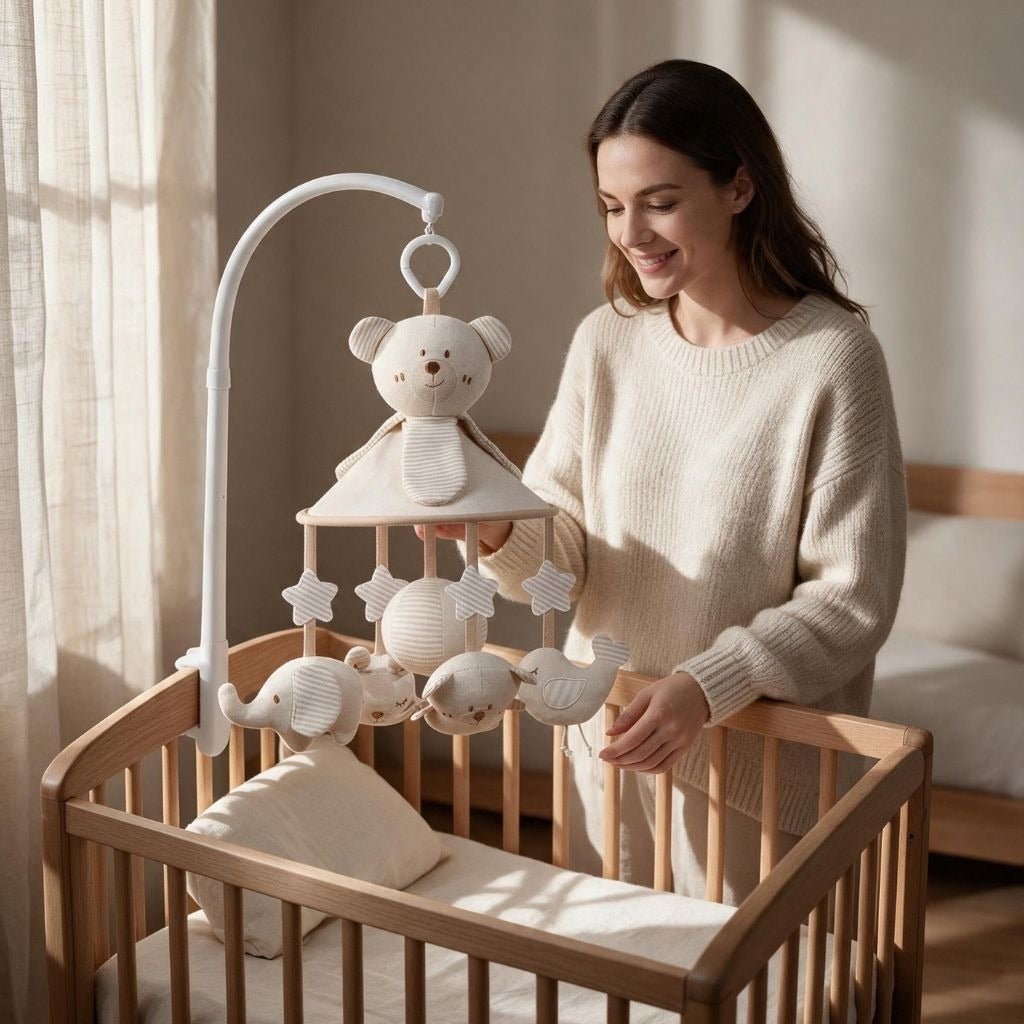 maman souriante près du lit en bois avec le mobile bébé ours en coton naturel