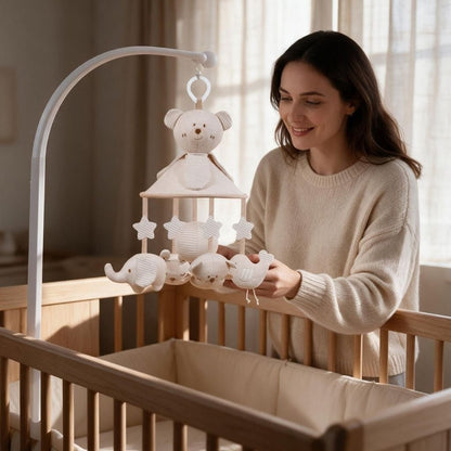 maman qui installe le mobile bébé ours en coton naturel au-dessus d'un lit en bois
