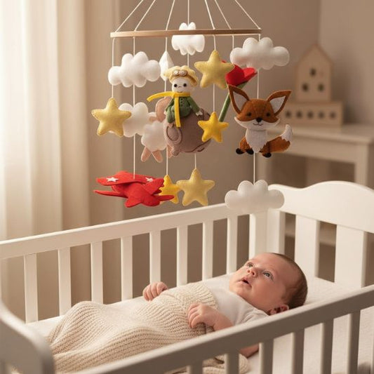 Mobile bébé Petit Prince fait main — bébé qui regarde le mobile renard avion étoiles nuages berceau