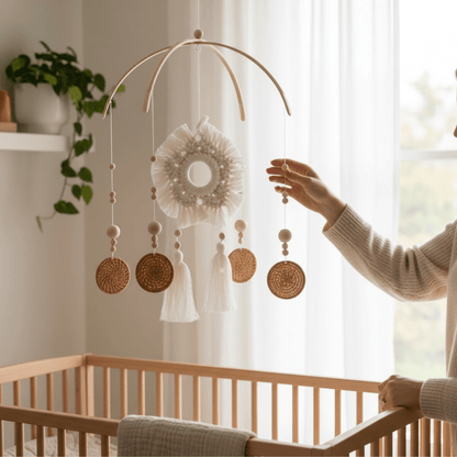 Mobile bébé pour lit en rotin tressé – suspension décorative naturelle pour berceau