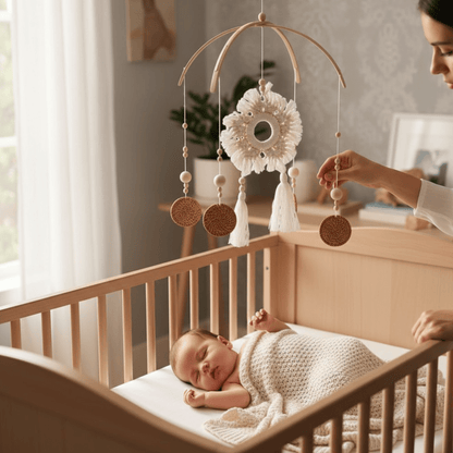 Mobile bébé pour lit en macramé et coton – accessoire poétique et sensoriel pour bébé