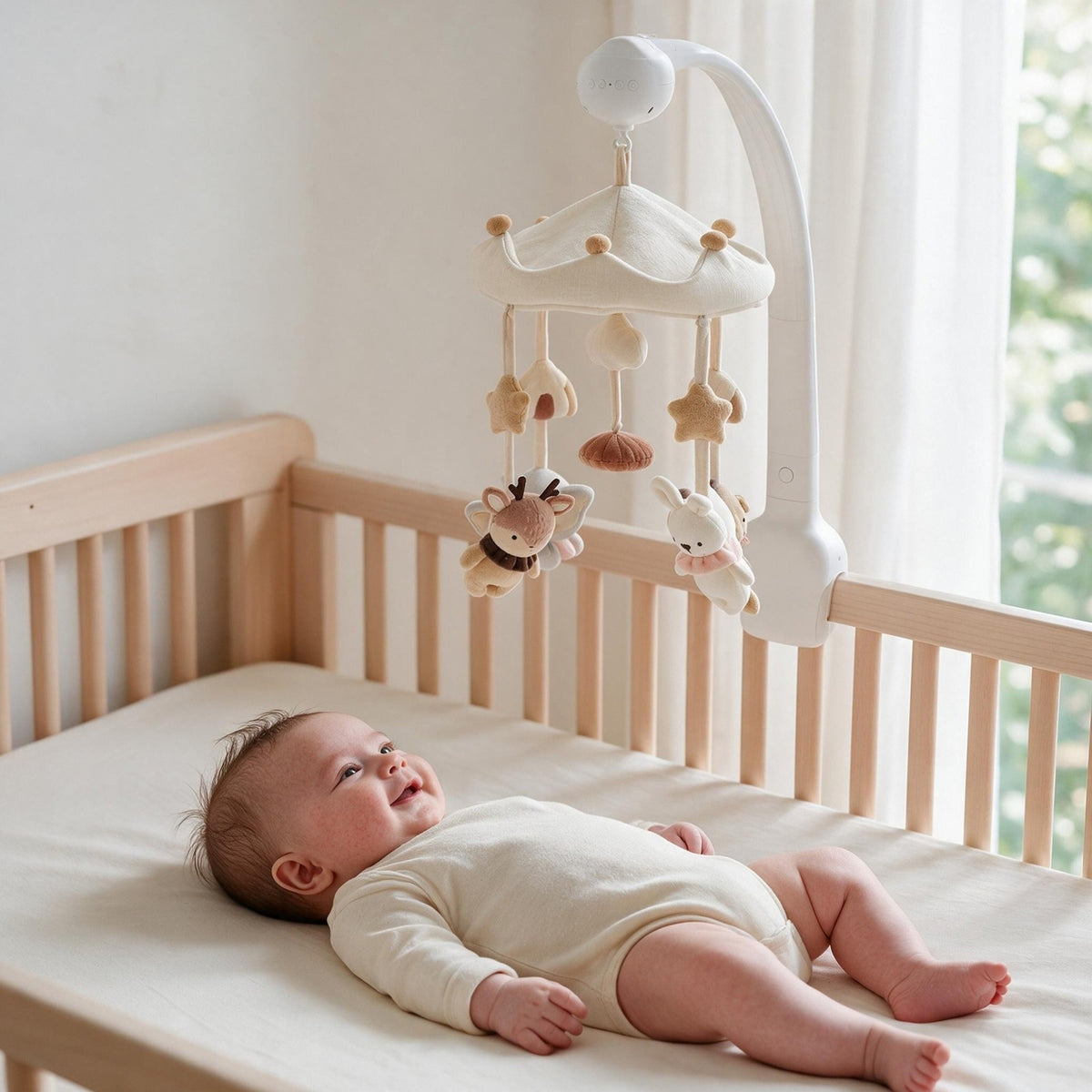 bébé allongé dans son lit qui regarde le mobile bébé silencieux Prairie