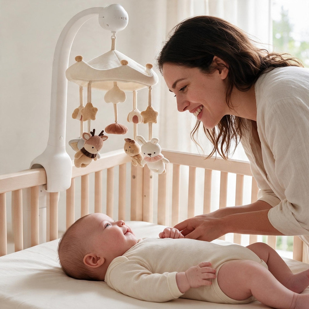 maman et son bébé sous le mobile bébé silencieux Petite Cour modèle Prairie