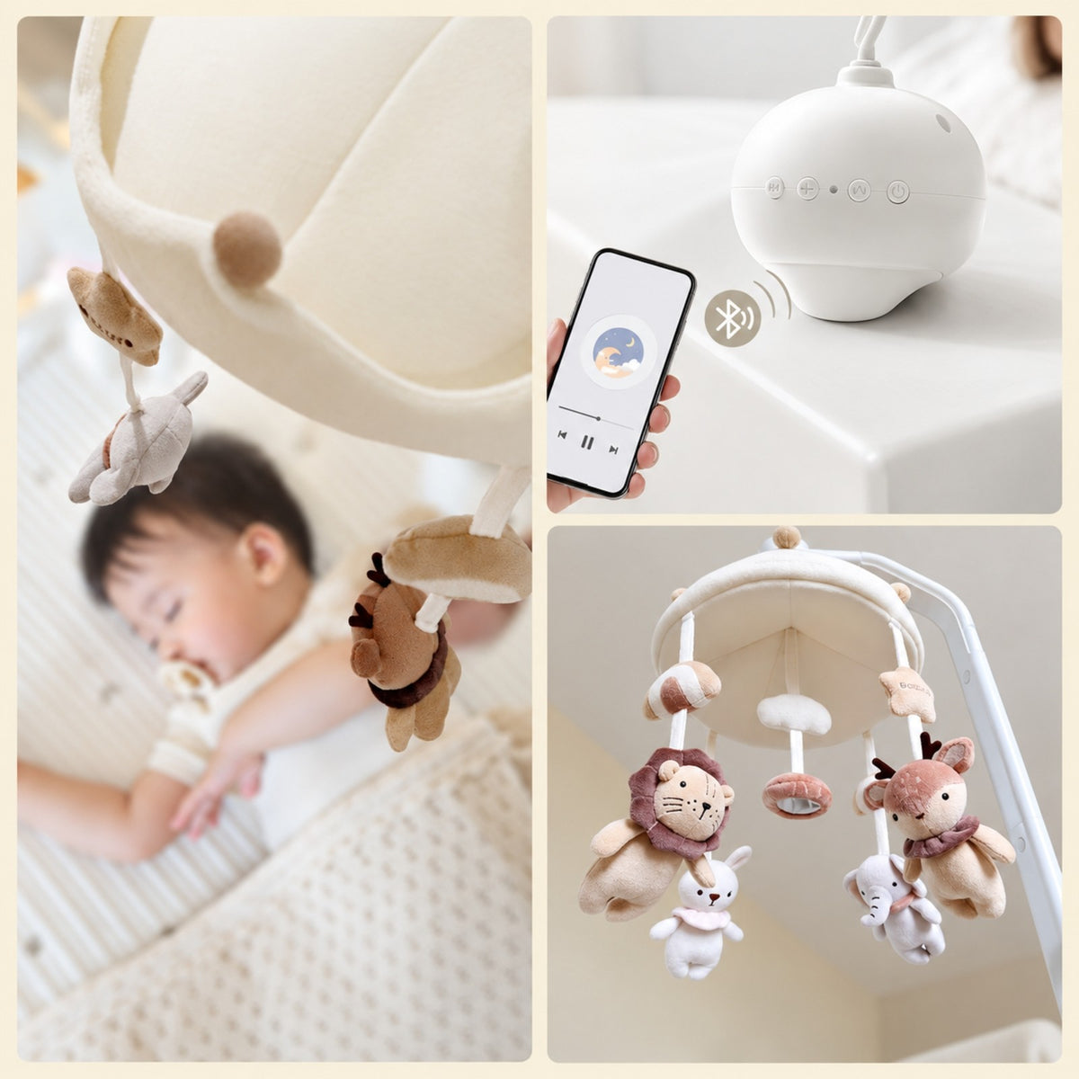 détails du mobile bébé silencieux Prairie avec Bluetooth et batterie rechargeable