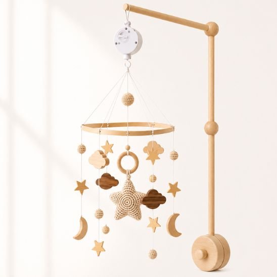 Pack musical Mobile bébé Univers Étoiles avec bras en bois et boîte musicale blanche