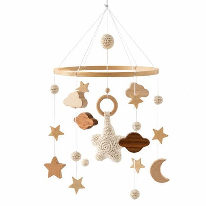 Mobile bébé Univers Étoiles seul en bois naturel avec lune, nuages et étoile en crochet