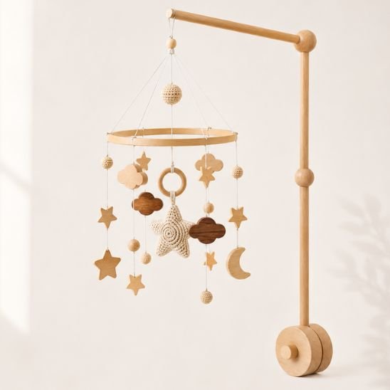 Mobile bébé Univers Étoiles installé sur son bras de support en bois naturel