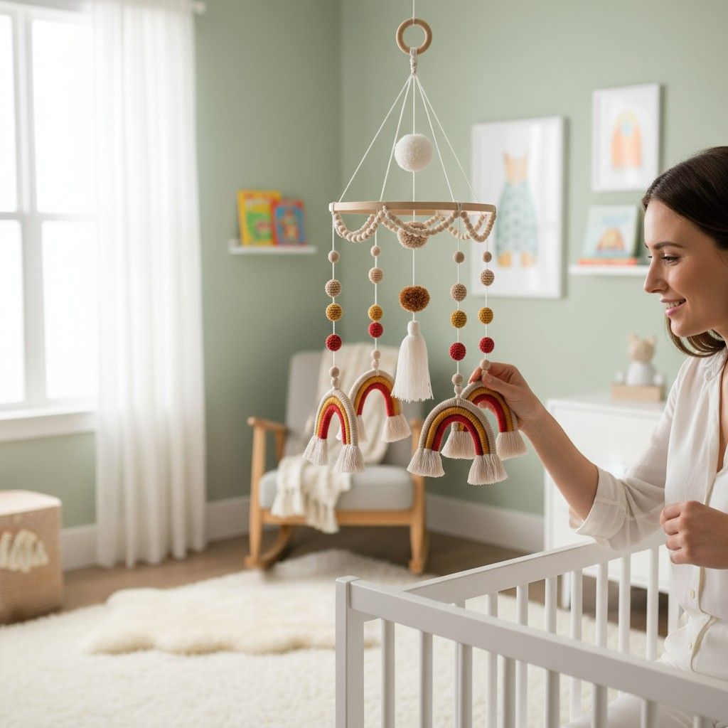 Mobile de lit arc-en-ciel en bois naturel et coton – éveil visuel et sensoriel de bébé