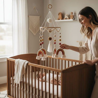 Mobile de lit arc-en-ciel en coton tissé – sécurité et douceur pour le sommeil de bébé