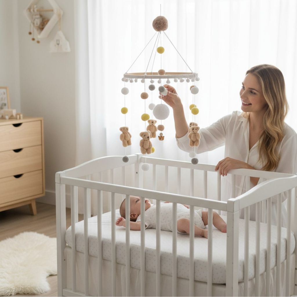 Mobile de lit Nounours aux couleurs douces beige, jaune et blanc – design apaisant