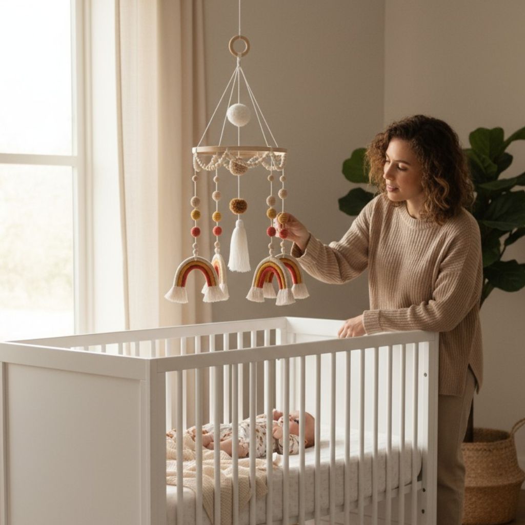 Mobile de lit Rainbow suspendu au-dessus du berceau – mouvement doux et rassurant pour bébé