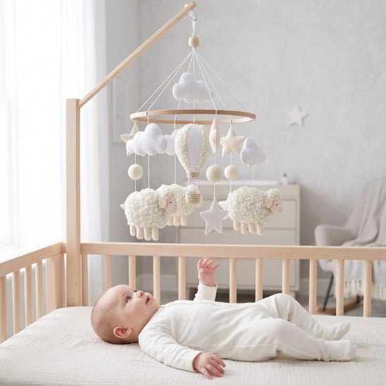 Bébé observant le mobile lit bébé moutons depuis son berceau
