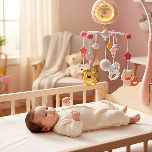 Mobile lit bébé musical et lumineux rose bébé allongé chambre rose douce lumineuse