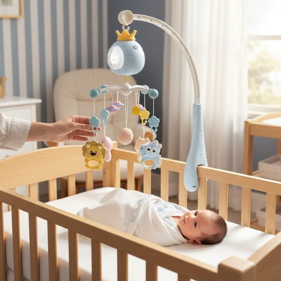 Mobile lit bébé musical et lumineux bleu maman installe berceau bois bébé endormi