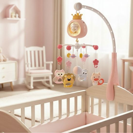 Mobile lit bébé musical et lumineux rose berceau blanc chambre élégante fille