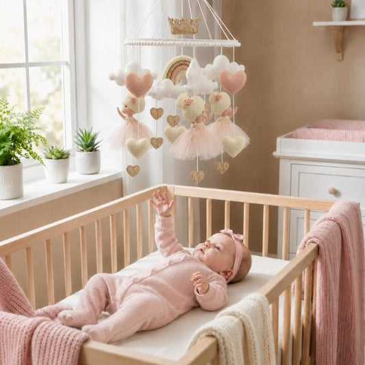 Mobile lit bébé Princesse suspendu au-dessus d’un berceau avec bébé