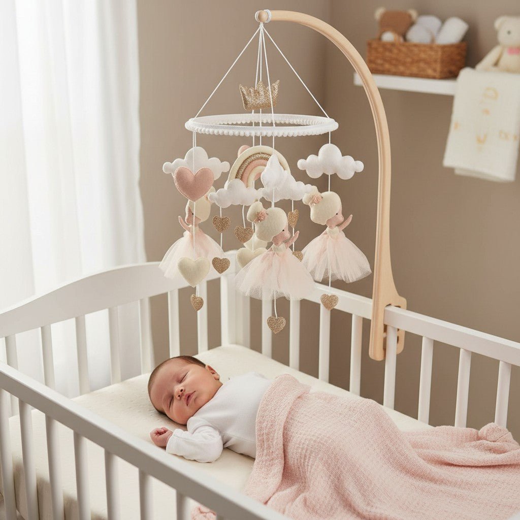 Mobile lit bébé Princesse — bébé endormi sous le mobile ballerines couronne dorée berceau blanc bras en bois naturel