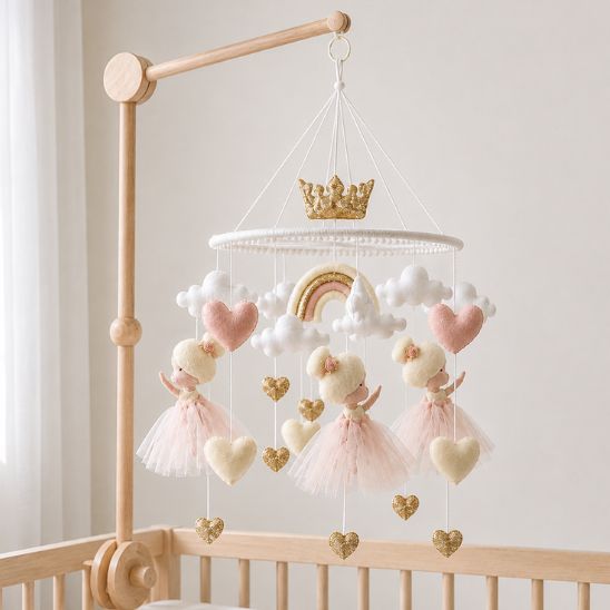 Mobile lit bébé Princesse avec bras en bois installé sur un berceau