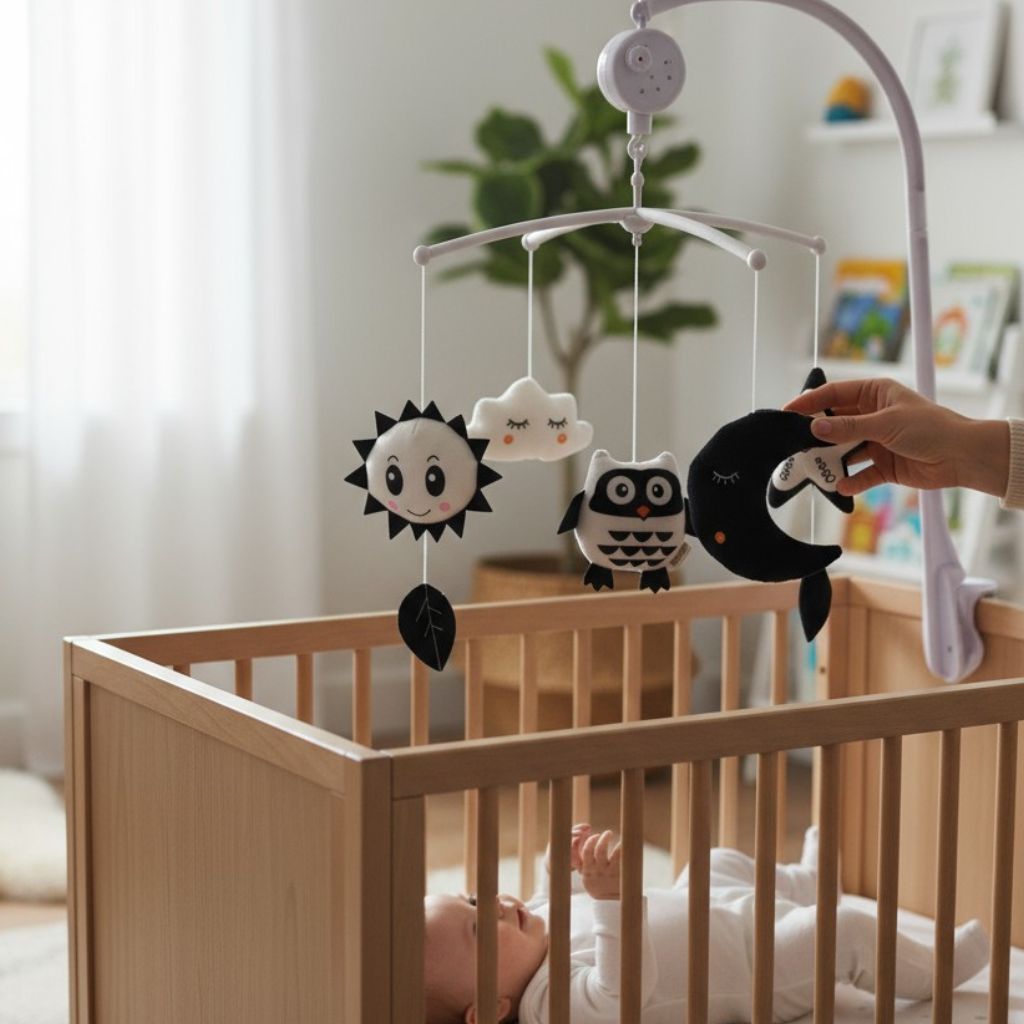 Mobile Montessori avec formes géométriques en noir et blanc pour éveil visuel