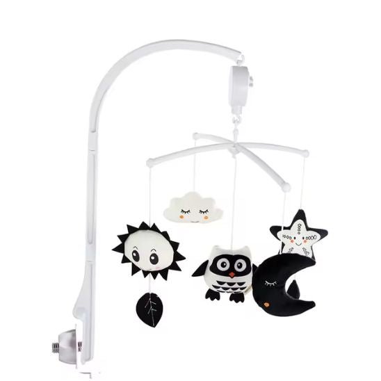 Mobile Montessori noir et blanc avec bras de fixation, figurines soleil, hibou, lune et étoile