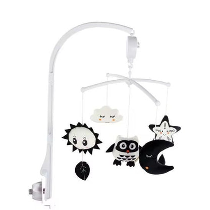 Mobile Montessori noir et blanc avec bras de fixation, figurines soleil, hibou, lune et étoile